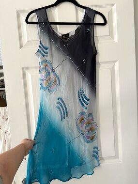 Vintage Paris Sheer Gradient Blue Beaded & Sequin Flower Dress